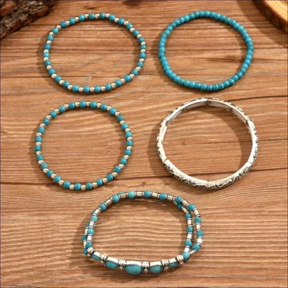 Stretch Turquoise Beaded Bracelet Set, Boho Western Stackable Jewelry - Picture 6 of 7